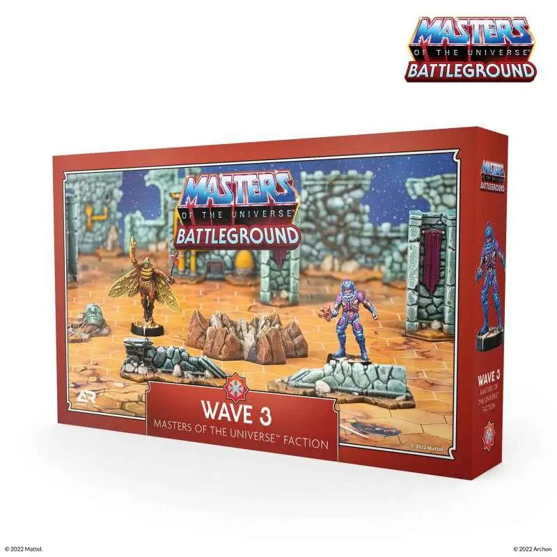 Röd kartonglåda för Masters of the Universe Battleground Wave 3-set med figurer och terräng