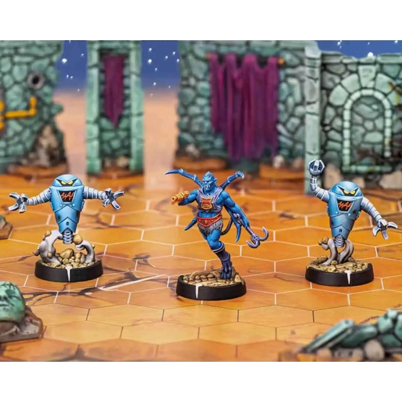 Blå rustad fantasy-minifigur med rött bälte och lila accenter på hexagonal spelbräda i Masters of the Universe: Battleground - Wave 5 - Evil Warriors Faction - Engelsk Edition