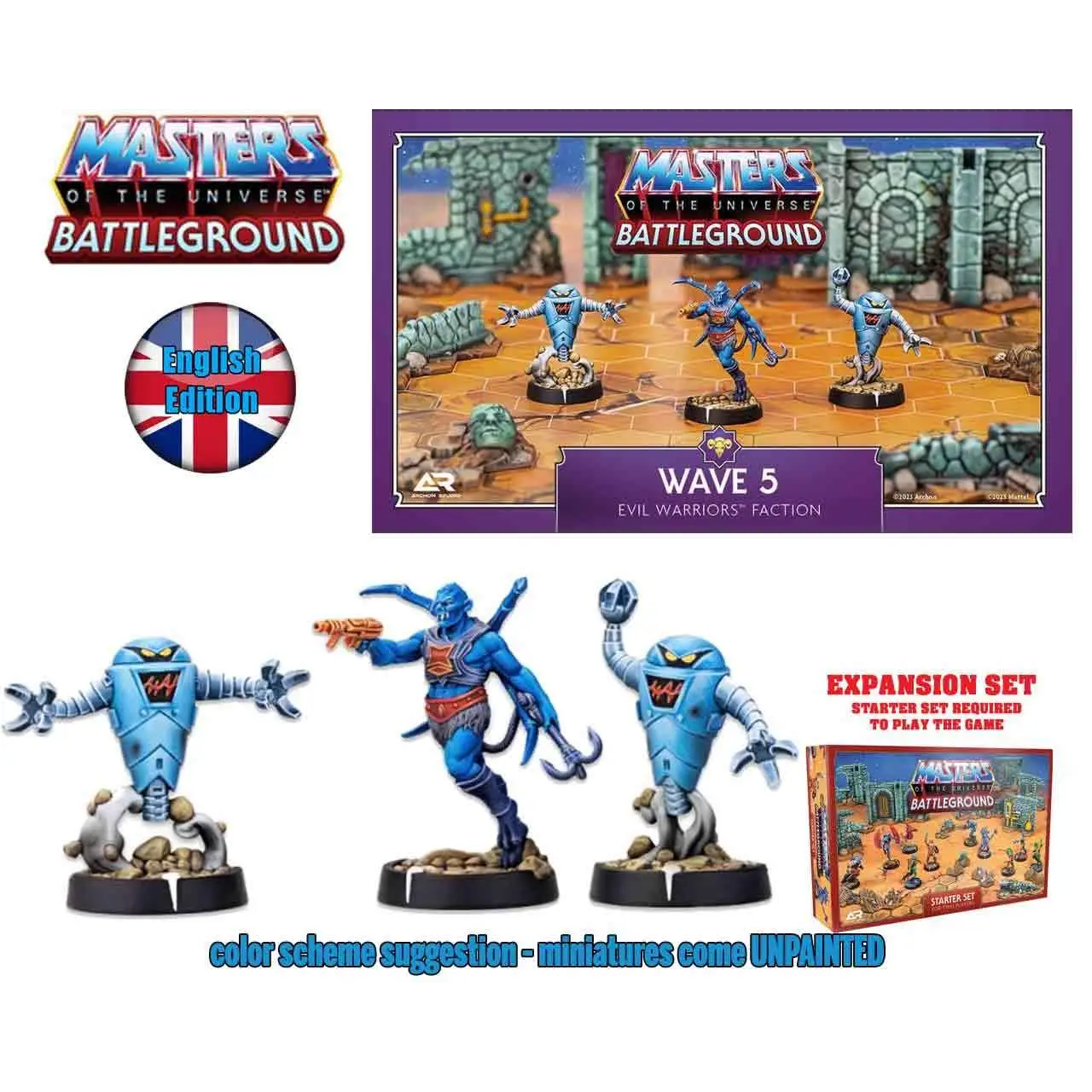 Blå plastminiatyrer av onda krigare från Masters of the Universe Battleground, våg 5, Evil Warriors, engelsk utgåva