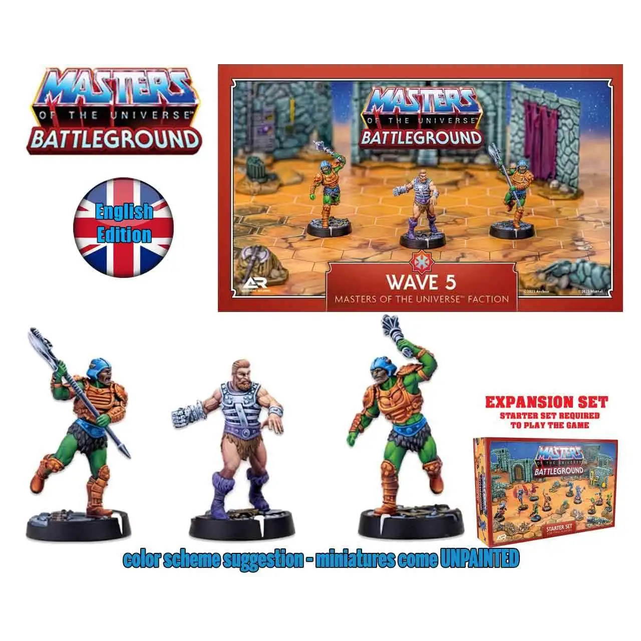 Tre painted Masters of the Universe Battleground-miniatyrer från våg 5