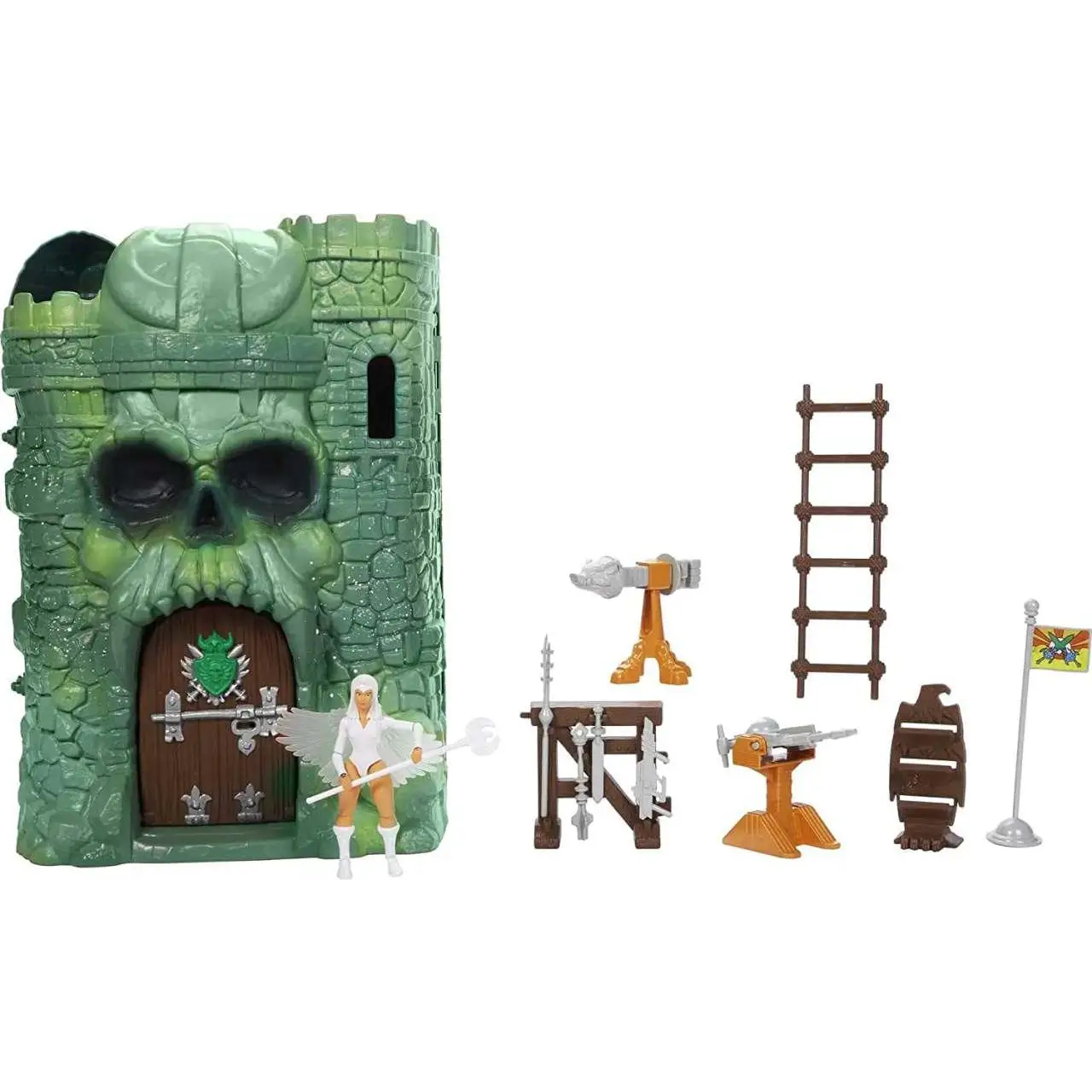 Grön plastslott med dödskalleansikte och stenstruktur, brun dörr med silverbeslag i Masters of the Universe Origins Castle Grayskull