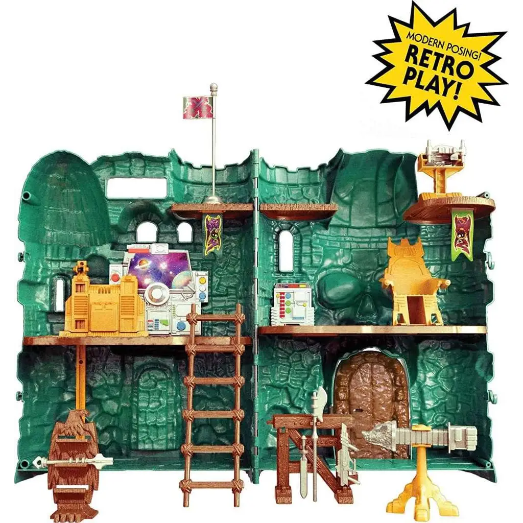Grön plastslottsset med gula och bruna tillbehör i Masters of the Universe Origins Castle Grayskull