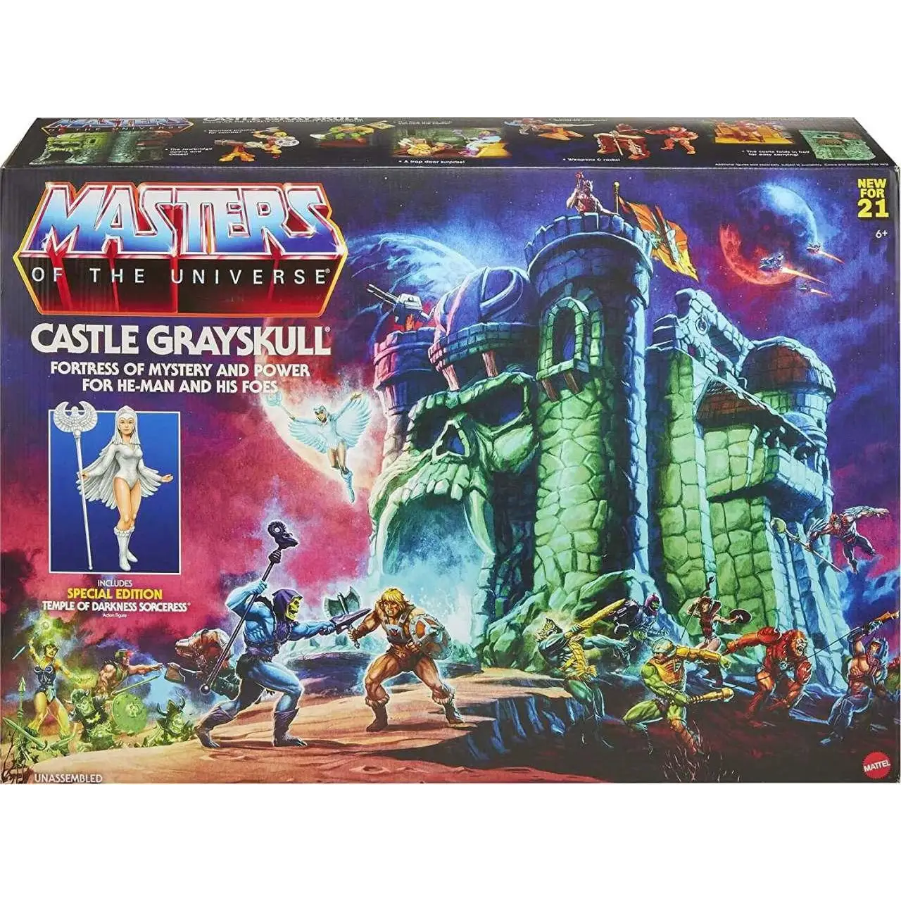 Grön stenliknande Castle Grayskull-fästning med skalle och torn i Masters of the Universe Origins