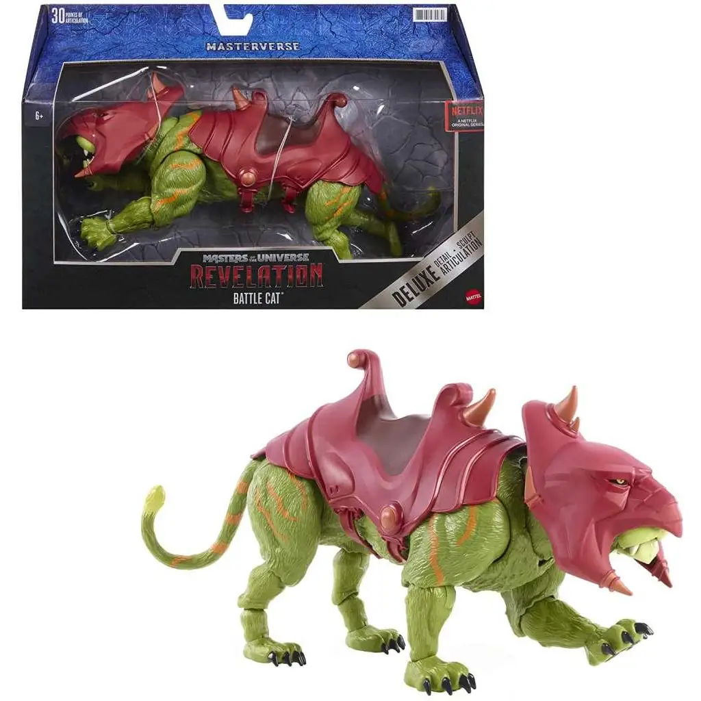 Grön och röd Battle Cat-actionfigur från Masters of the Universe: Revelation med orange accenter