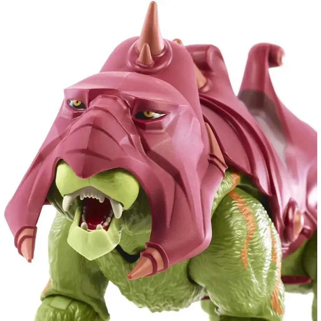 Menacing muskulös grön varelse med rosa rustad huvudbonad och horn i Masters of the Universe Revelation Battle Cat-actionfigur
