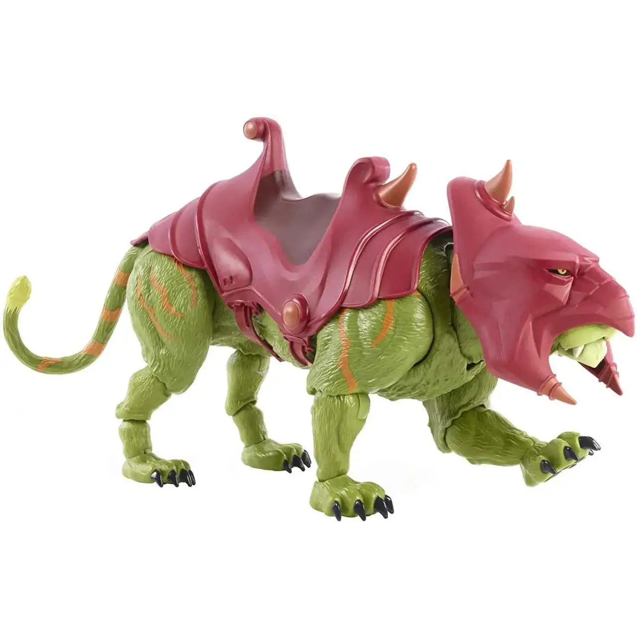 Grön och röd pansrad lejonlik varelse med orange ränder, detaljerad man och spikad rustning i Masters of the Universe Revelation Battle Cat-actionfigur
