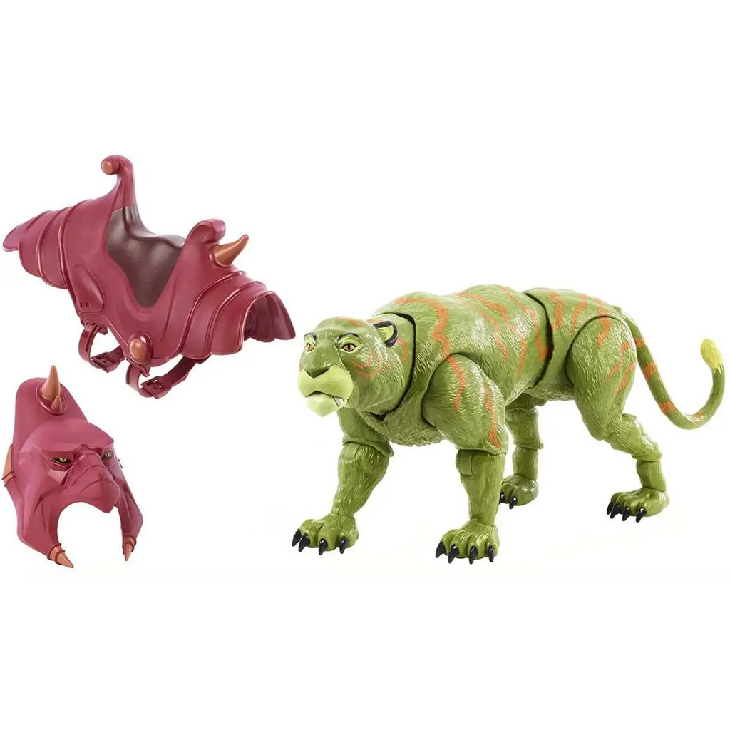 Grön och orange randig panter actionfigur med svarta klor och röd rustad sadel från Masters of the Universe Revelation Battle Cat
