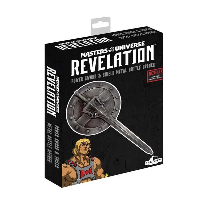 Svart box med He-Man-motiv för Masters of the Universe Revelation svärd- och sköld-flasköppnare