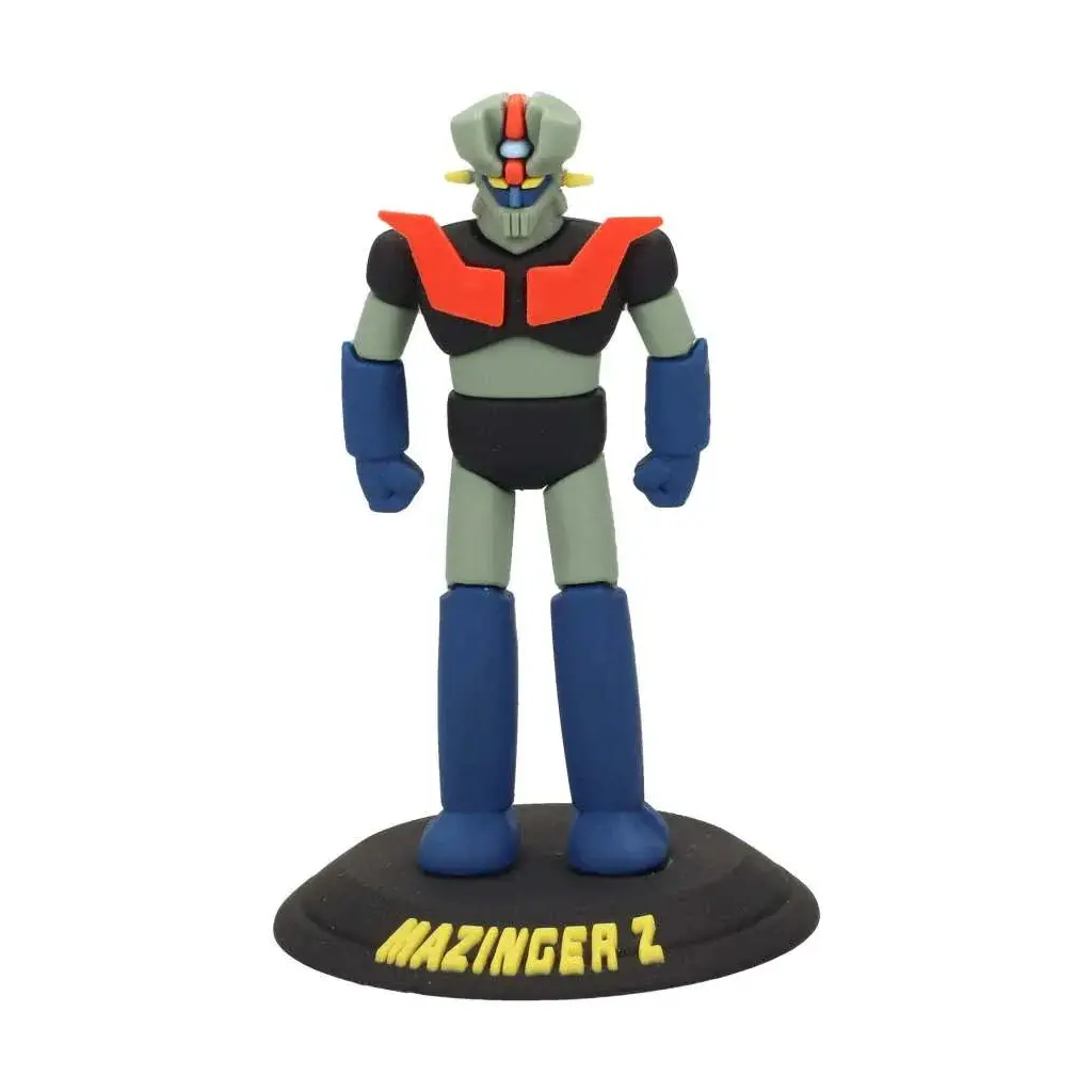 Grå, svart och blå Mazinger Z mini-figur med röda axelaccenter på svart bas