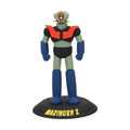 Grå, svart och blå Mazinger Z mini-figur med röda axelaccenter på svart bas