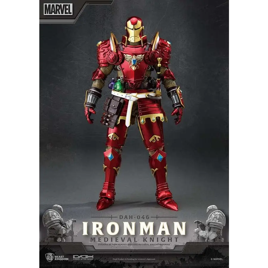 Röd och gul Iron Man medeltida riddare DAH-046 actionfigur med intrikat rustning, blå ädelstenar och vit bälte
