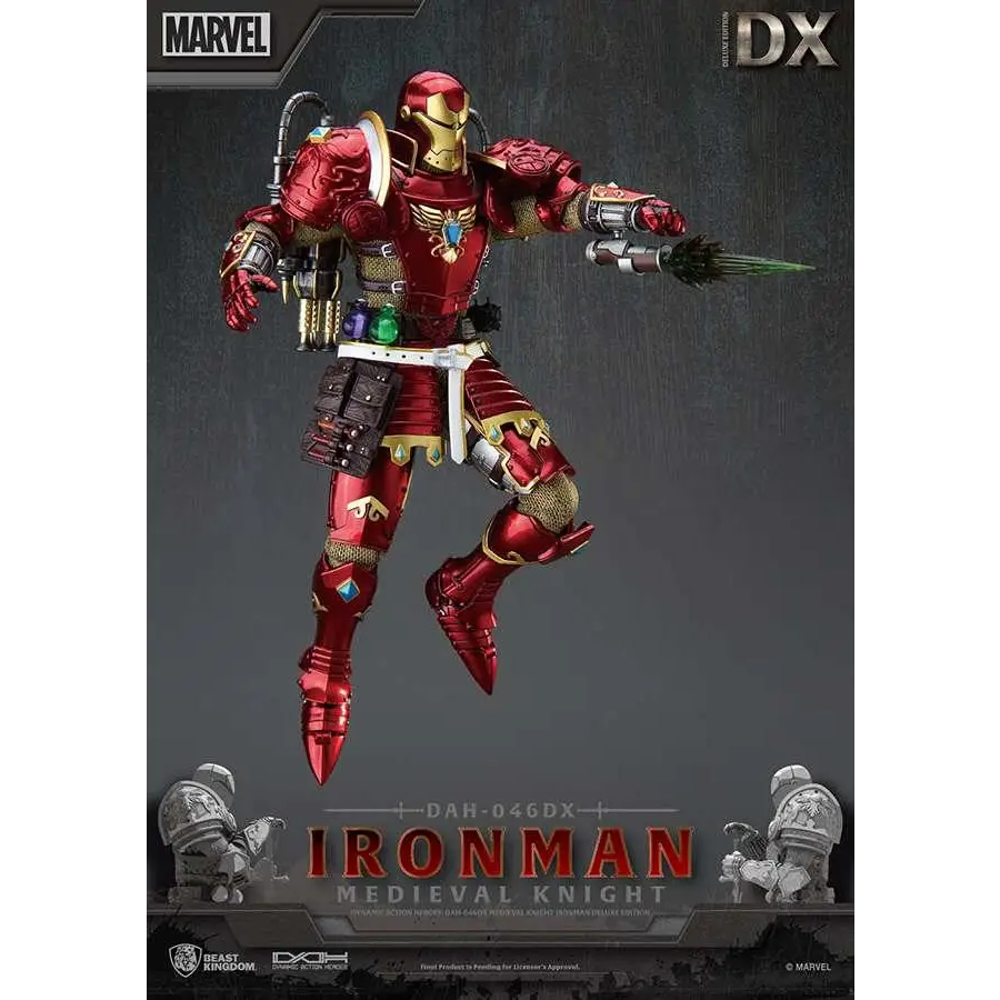 Röd och guld metallisk Iron Man-figur i medeltida riddarrustning med detaljerad design