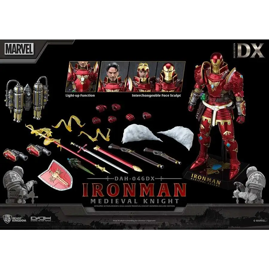 Röd och gul metallisk Iron Man medeltida riddare DAH-046 Deluxe actionfigur med intrikat rustningsdetalj