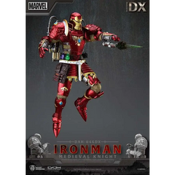 Röd och guld metallisk Iron Man-figur i medeltida riddarrustning med detaljer