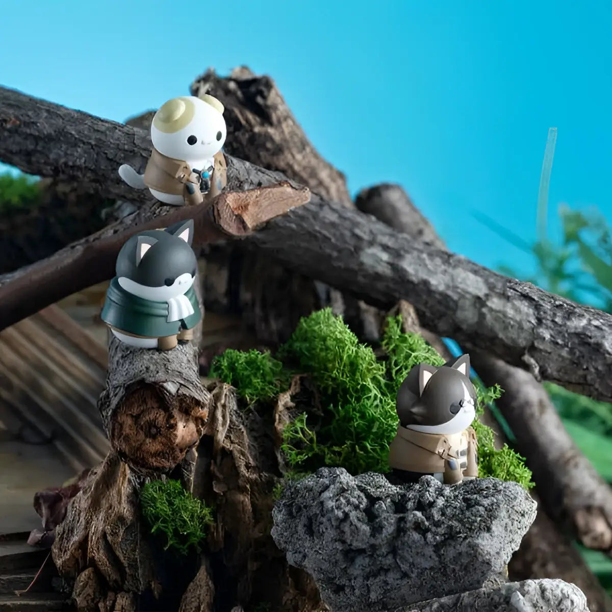 Tre söta Mega Cat Project Aotynian Set-figurer i miniatyrskog med gåva