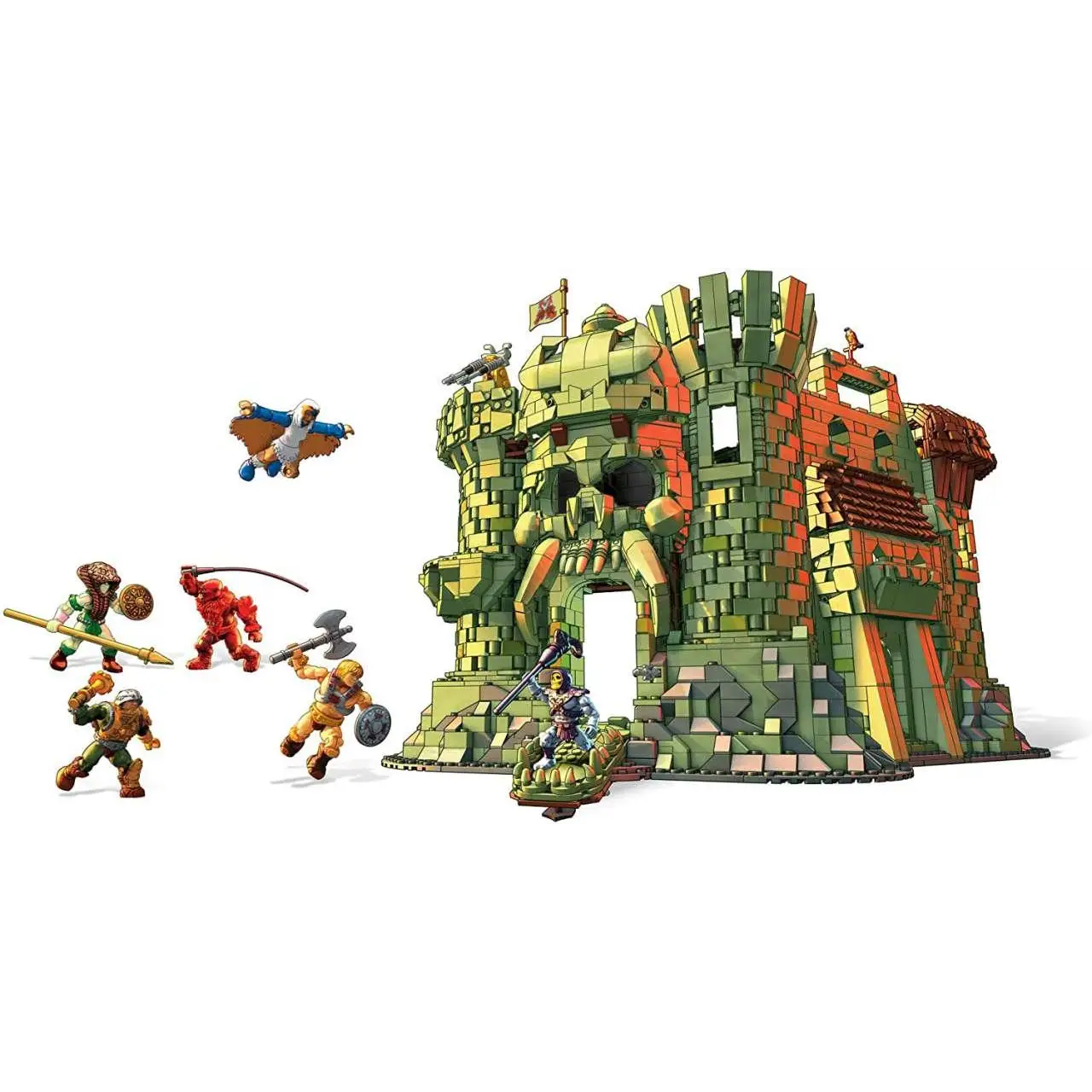 Grön och orange blockig Castle Grayskull med dödskalleansikte, röda tak och torn
