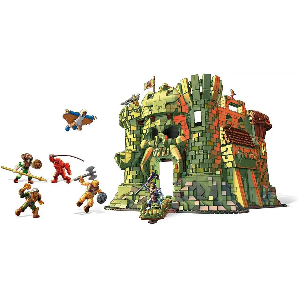 Grön och orange blockig Castle Grayskull med dödskalle, röda tak och torn