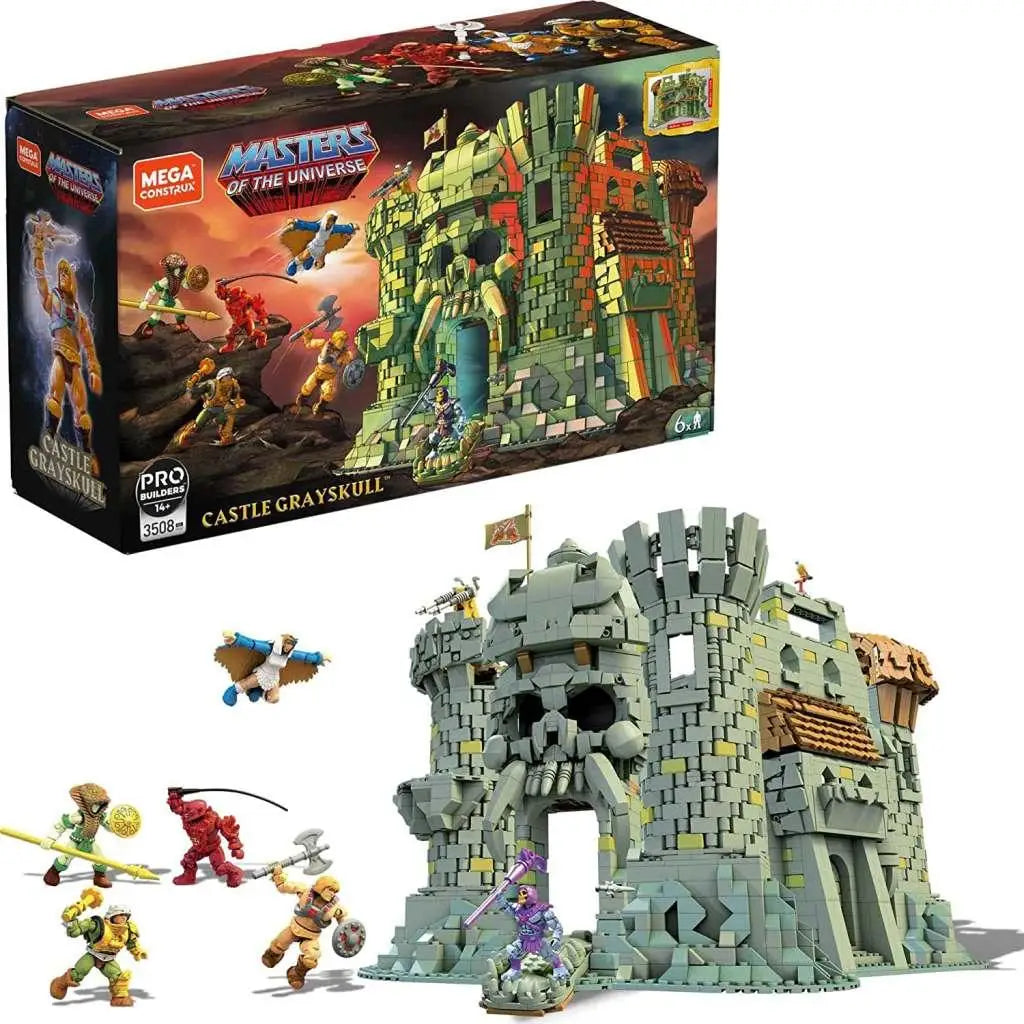 Mega Construx Castle Grayskull-set med grågrön plastborg, skalle, flagga och figurer
