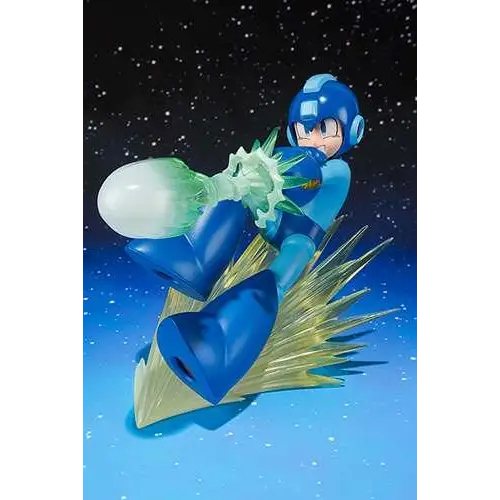 Blå Mega Man Zero-figur med grönvit energiblast, detaljerad plastpansar