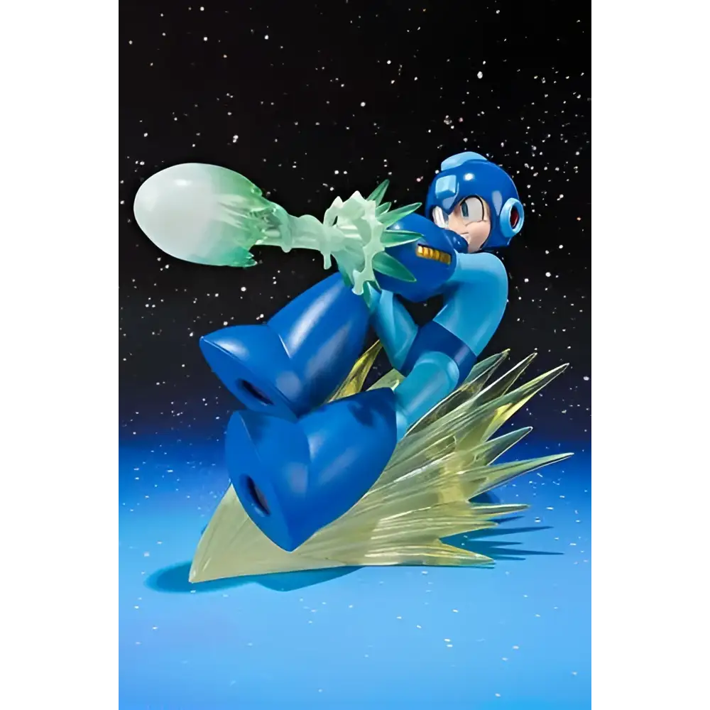 Blå Mega Man Zero-figur med grön energiutskjutning och gul spikbas
