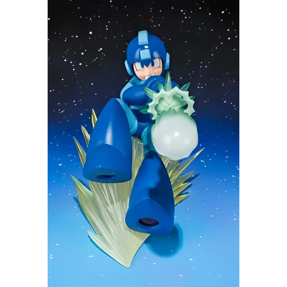 Blå Mega Man Zero-figur med vit och grön energisfär mot stjärnhimmel