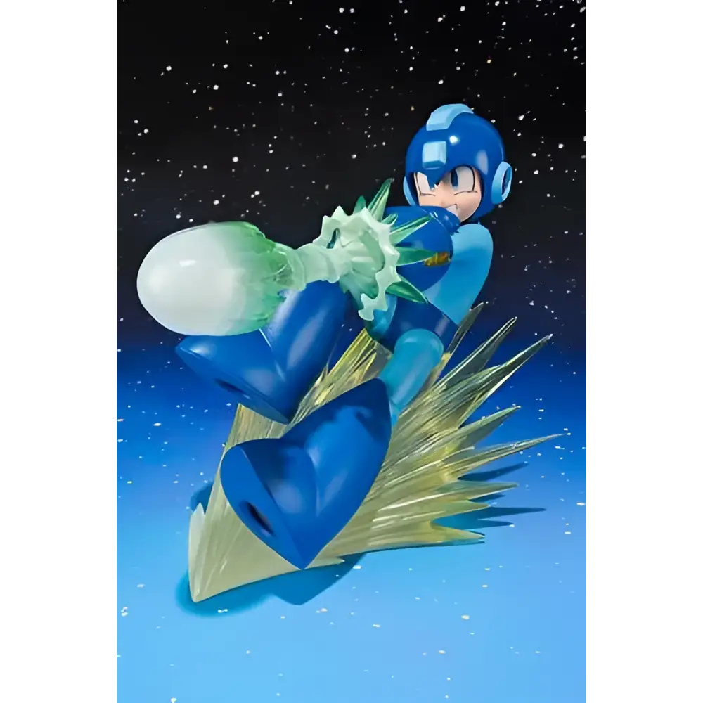 Blå Mega Man Zero-figur med lysande grön och vit energiblast, detaljerad plastpansar