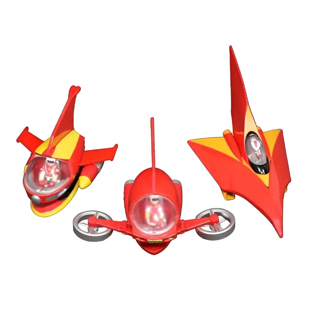 Röd och gul plastleksaksrymdfarkost med klar kupol från Mazinger Metal Action Pilder Set
