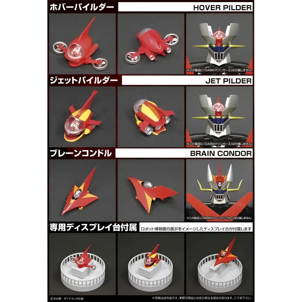 Röd och gul plastmodell av hover pilder, jet pilder och brain condor från Mazinger Z