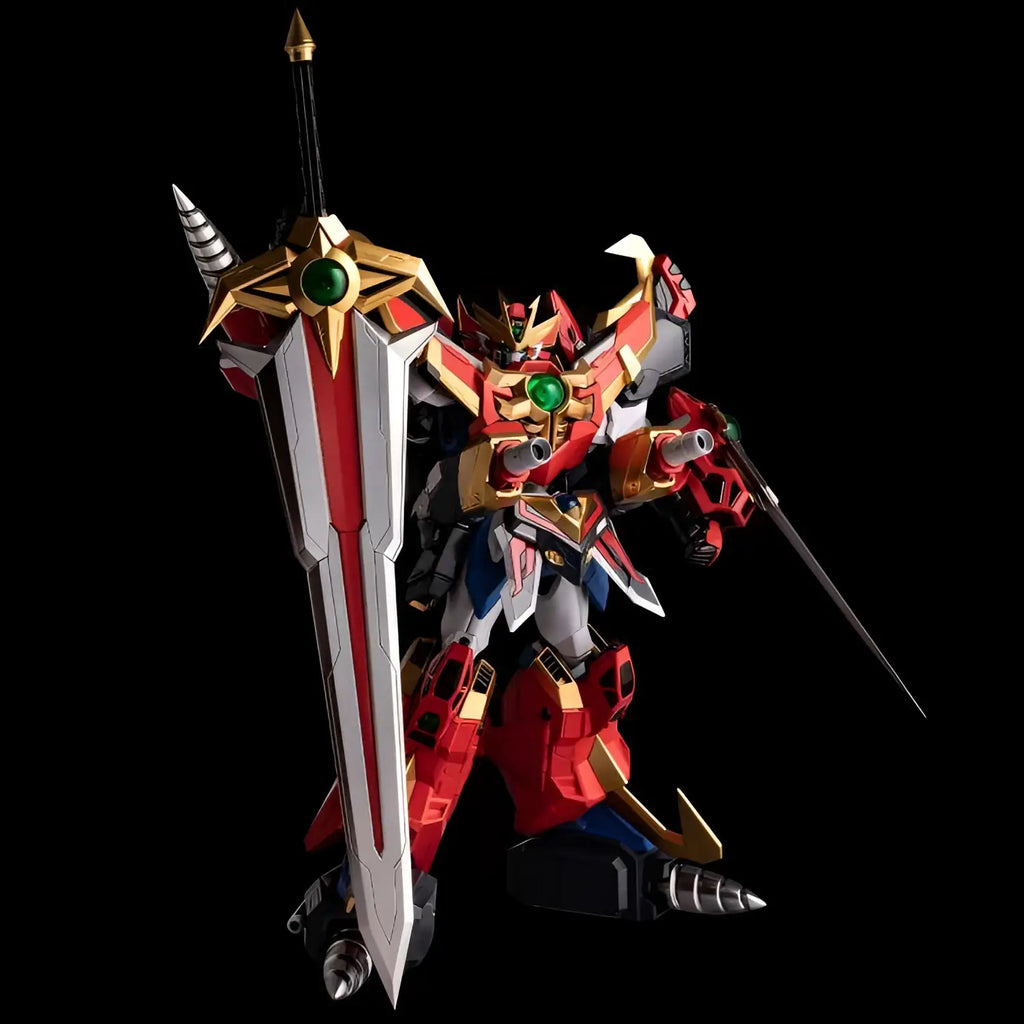 Röd och gul pansrad robotfigur med stort svärd och gröna ädelstenar i Metamor-force Ultimate God Gravion