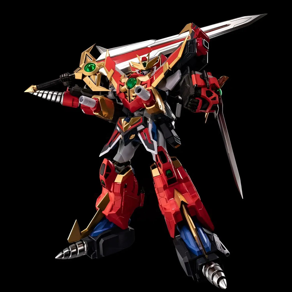 Röd och gul pansrad robotfigur med gröna ädelstenar, svärd och borrvapen i Metamor-force Ultimate God Gravion