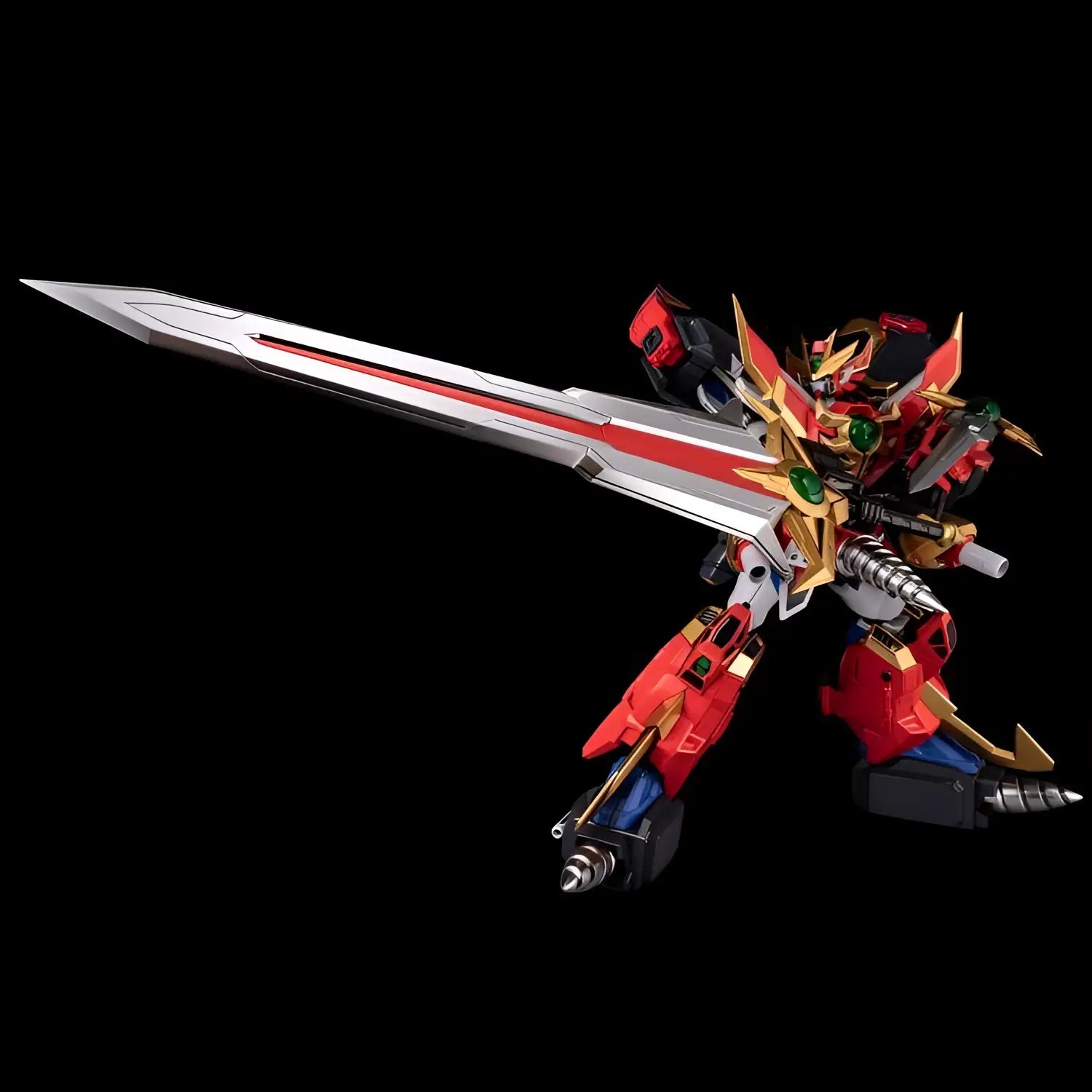 Röd, guld- och svart rustad robot med lång silver svärd med röda accenter i Metamor-force Ultimate God Gravion