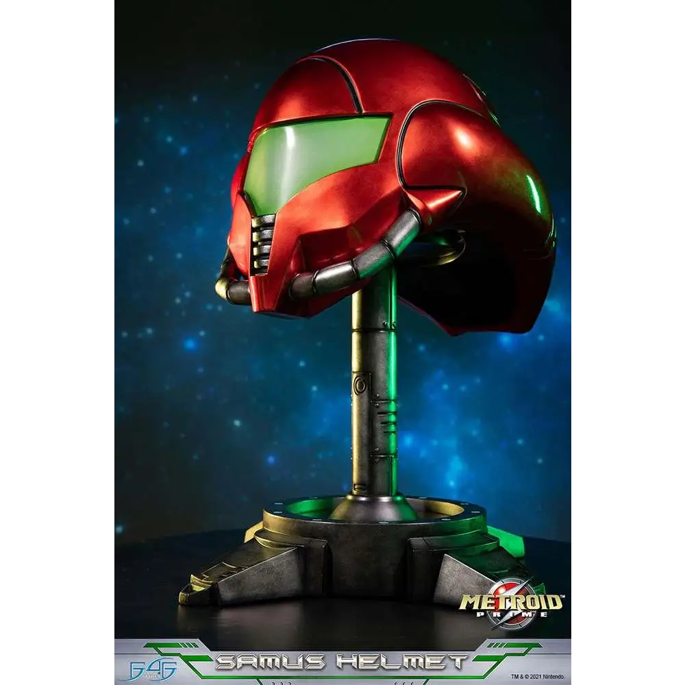 Röd Samus Aran-hjälm från Metroid Prime, glansig finish och grön visir