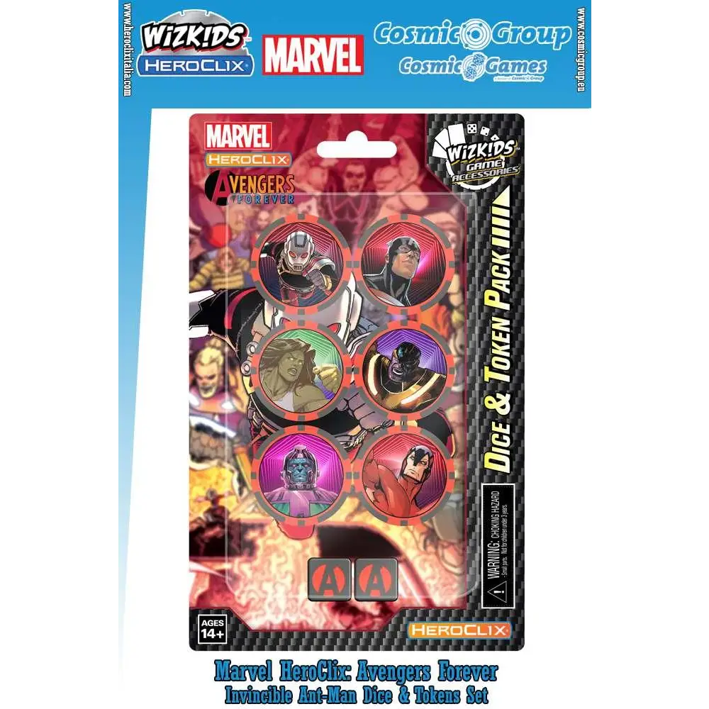 Marvel Heroclix Avengers Forever Invincible Ant-Man tärningar och tokens set med sex cirkulära karaktärstokens och matchande tärning i förpackning