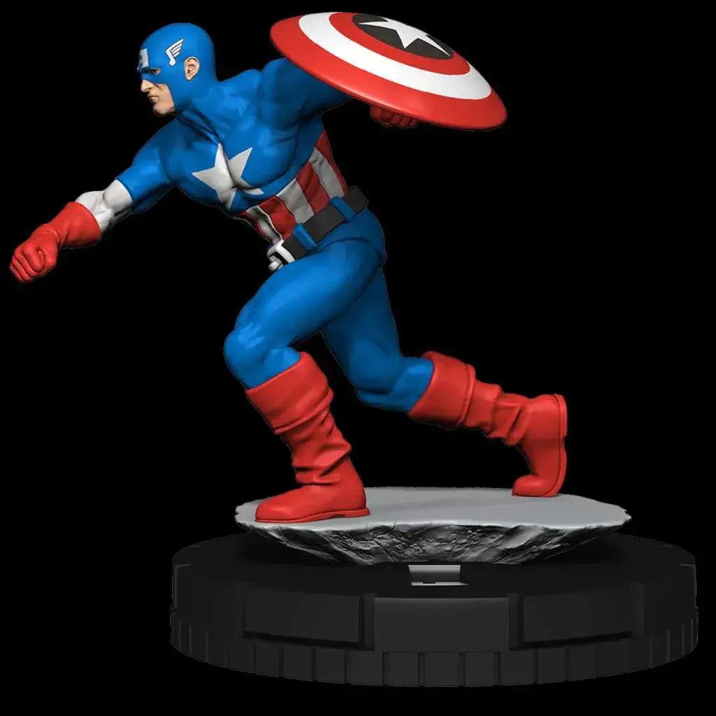 Blå och röd Captain America-actionfigur med vit stjärnemblem, håller ikonisk sköld i Mhc Avengers Forever Booster Brick