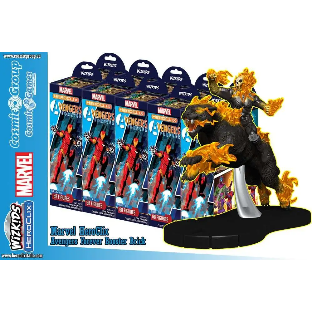 Svart och guld flammande Ghost Rider-actionfigur på silverställ i MHC Avengers Forever Booster Brick