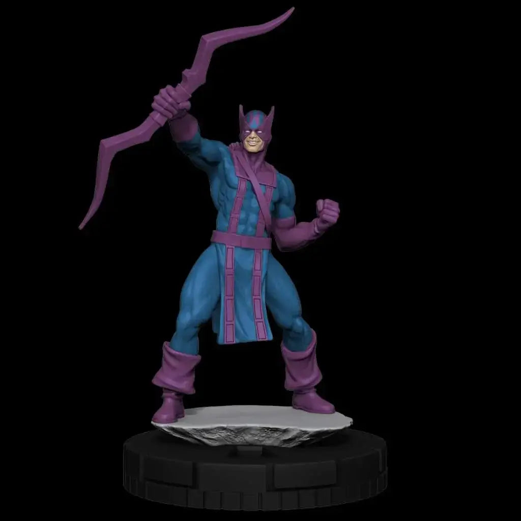 Lila och blå rustad figur med böjd pilbåge på svart rund bas, Mhc Avengers Forever Booster Brick