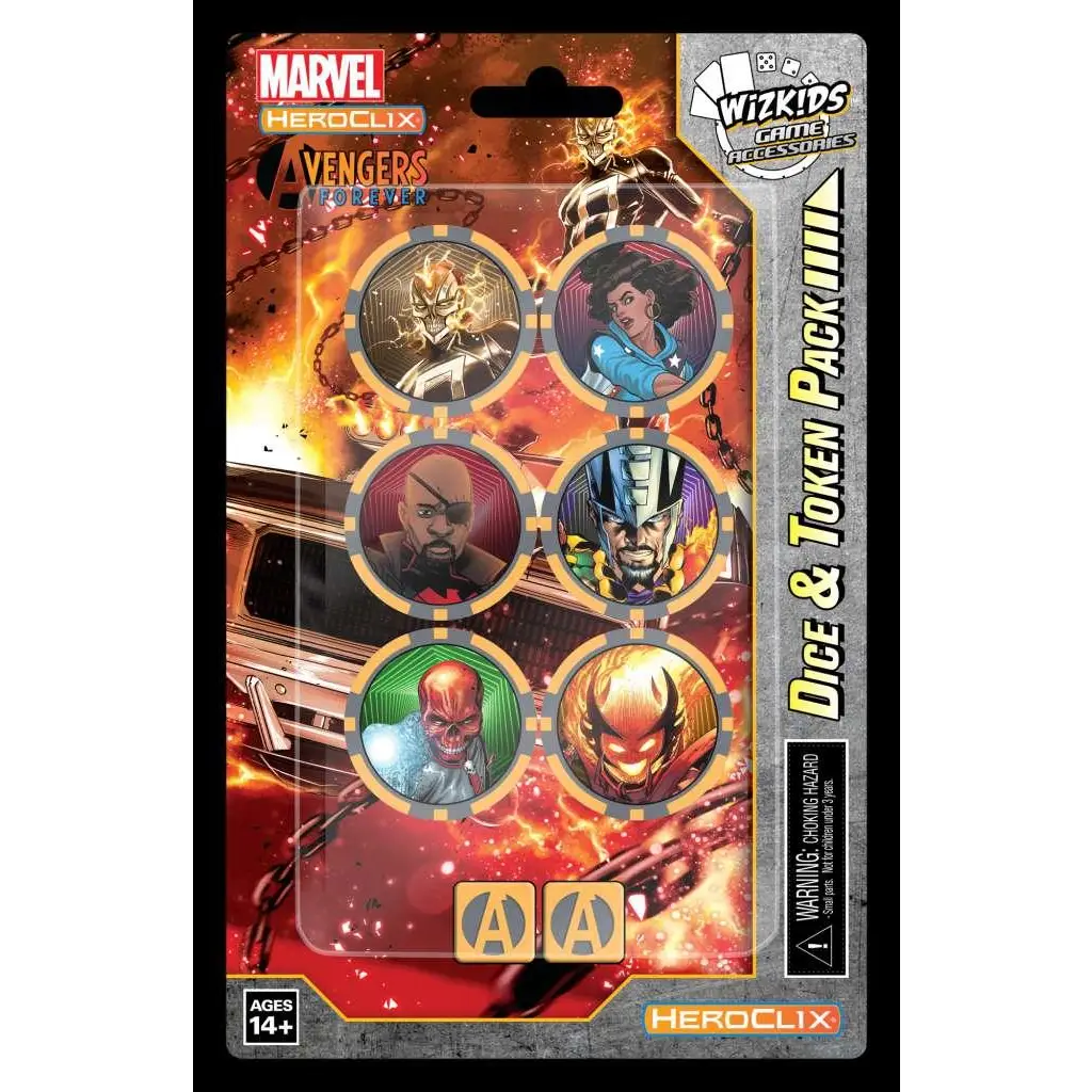 Marvel Avengers Forever Ghost Rider tärningar och tokens-set med sex cirkulära karaktärstokens i blisterförpackning