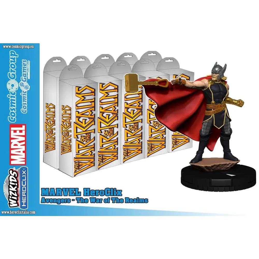 Thor-figur i svart och guld rustning med röd mantel, hammare på svart bas, MHC Avengers War of Realms Booster Brick