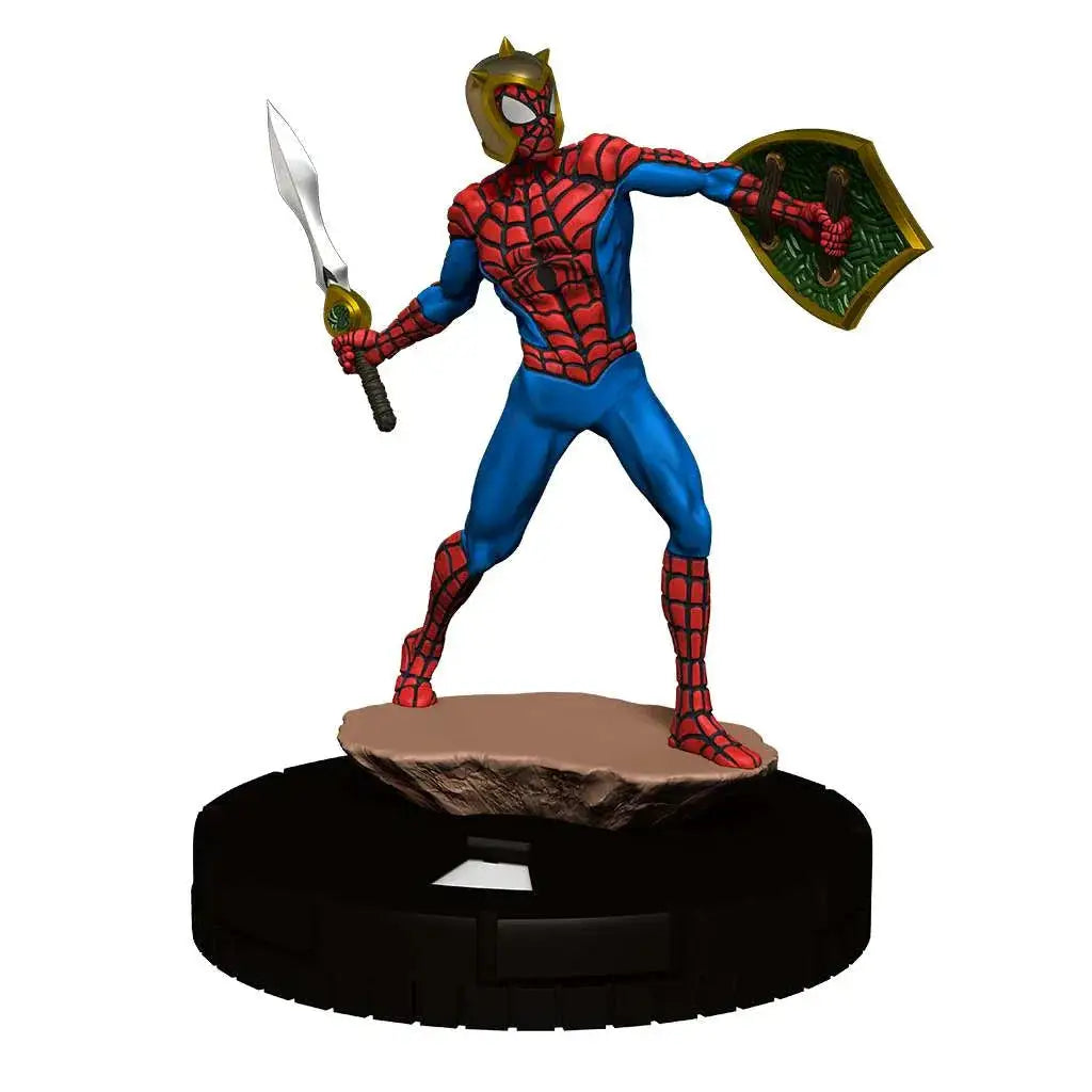 Röd och blå Spider-Man-figur i dynamisk pose med svärd och sköld från MHC Avengers War of Realms Booster Brick