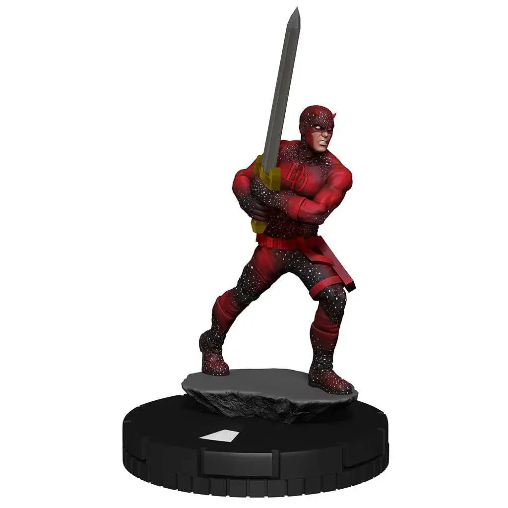Röd och svart Daredevil-miniatyr med svärd på stenig bas, MHC Avengers War of Realms Booster Brick
