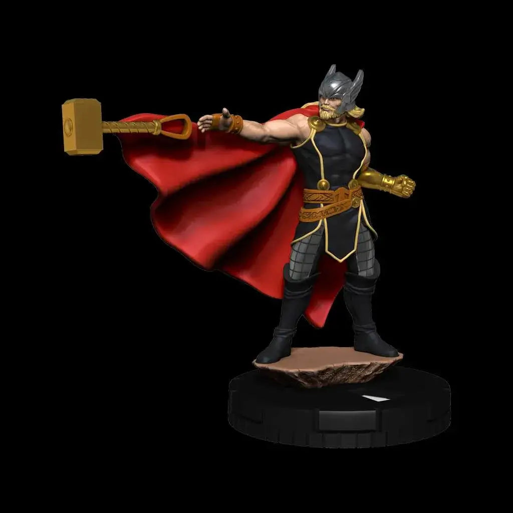 Thor-actionfigur i svart och guld rustning med röd mantel, håller Mjölner på cirkulär bas från MHC Avengers War of Realms Booster Brick