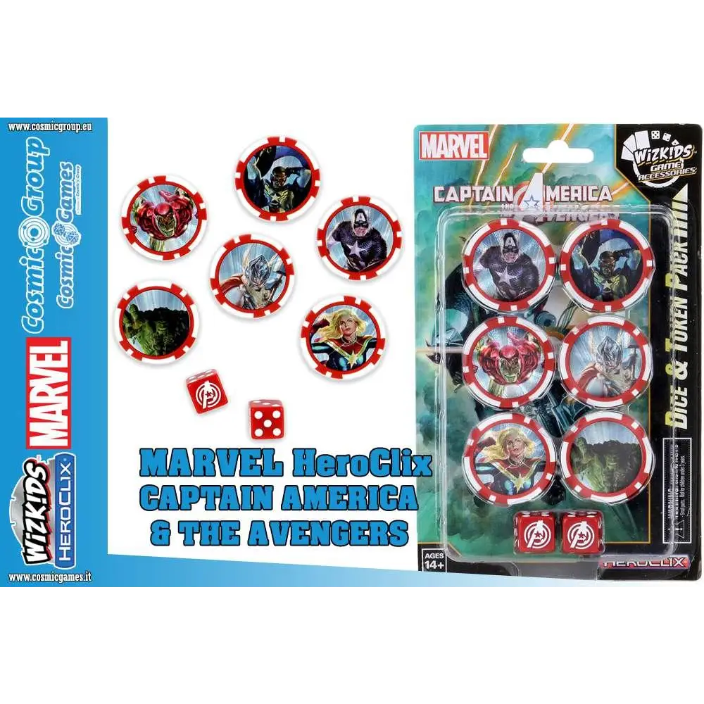 Marvel Heroclix Captain America & Avengers spelmarker och tärningar med cirkulära chip i rött, vitt och svart