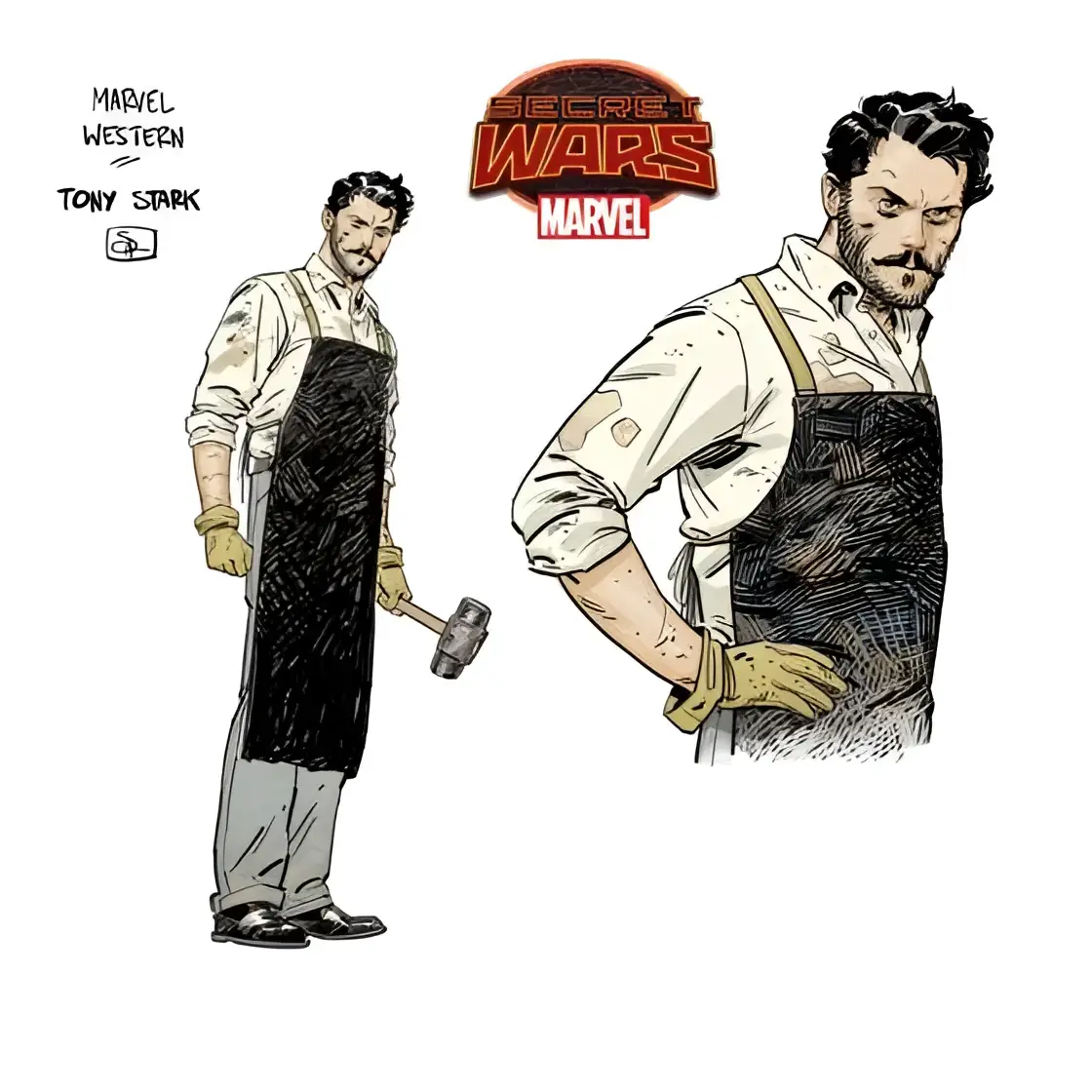 Illustrerad Tony Stark i svart texturerad förkläde i verkstad, MHC Secret Wars Battleworld Boost Brick