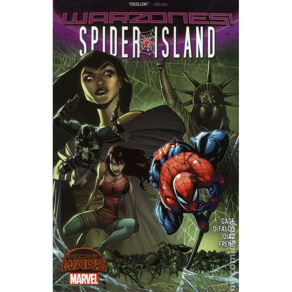 Spiderman i klassisk röd-blå dräkt svänger genom vävt landskap med Frihetsgudinnan bakom i MHC Secret Wars: Battleworld Boost Brick