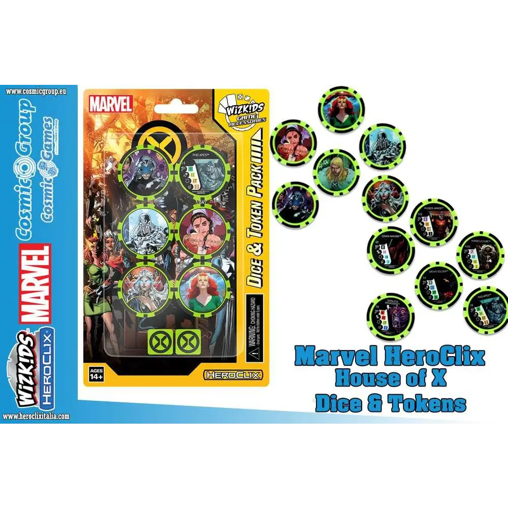 Marvel Heroclix House of X tärningar och tokenpaket med cirkulära tokens