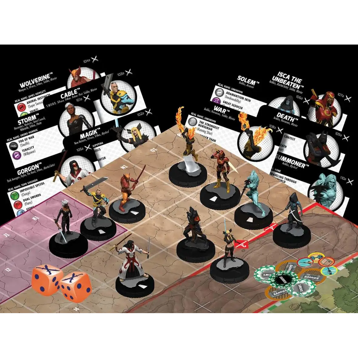 Svärd X X-Men MHC-miniatyrspel med svarta cirkulära baser och dynamiska superhjältefigurer i stridsposer