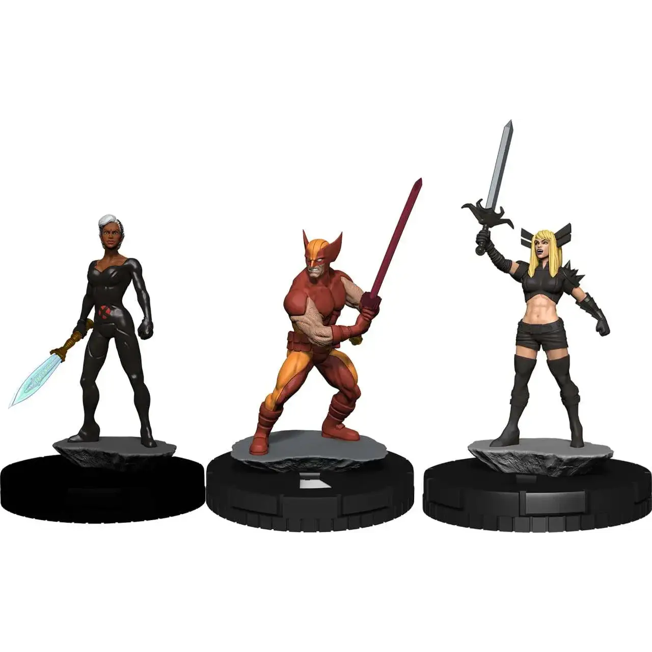 Tre X-Men miniatyrer från MHC X of Swords: Storm, Wolverine och Psylocke med svärd