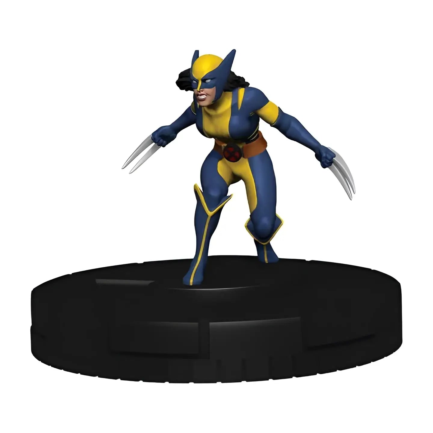 Blå och gul Wolverine-actionfigur med silverklor på svart bas, MHC X-Men Xavier School Booster Brick