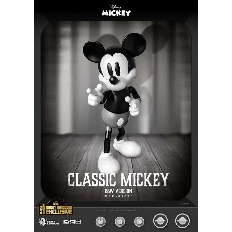 Klassisk svartvit Mickey Mouse-figur med runda öron och glad min