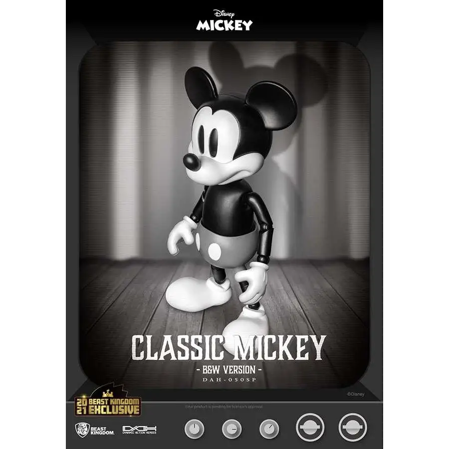 Klassisk Mickey Mouse-figur i svartvit design med glansig plast och ledade leder